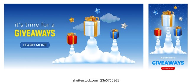 Gift boxes launch. Look like rockets. Start of sale or giveaway conceptual banner templates set. Vector illustration