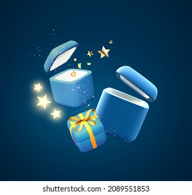 Cajas de regalo con luz. Win, oferta especial y plantilla de diseño de compras con cajas de regalo abiertas, estrellas y luz