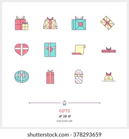 Gift boxes line color icons set. Lots of presents. Flat style vector illustration isolated on white background.
