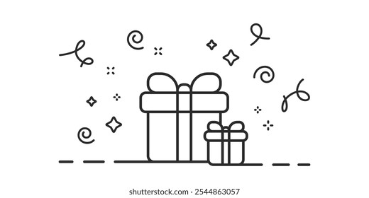 Gift boxes line icon. Birthday gift, Shopping boxes, Package in gift wrap, surprise package single outline ribbon vector illustration.