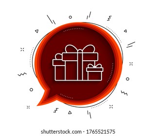 Gift boxes line icon. Chat bubble with shadow. Present or Sale sign. Birthday Shopping symbol. Package in Gift Wrap. Thin line holiday presents icon. Vector