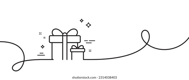 Gift boxes line icon. Continuous one line with curl. Present or Sale sign. Birthday Shopping symbol. Package in Gift Wrap. Surprise package single outline ribbon. Loop curve pattern. Vector