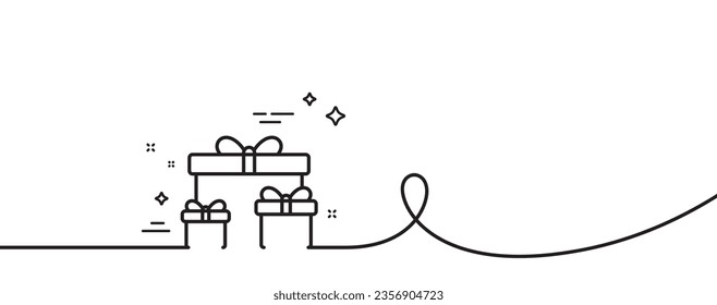 Gift boxes line icon. Continuous one line with curl. Present or Sale sign. Birthday Shopping symbol. Package in Gift Wrap. Surprise boxes single outline ribbon. Loop curve pattern. Vector