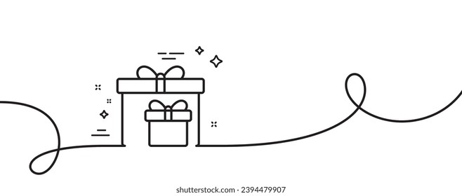 Gift boxes line icon. Continuous one line with curl. Present or Sale sign. Birthday Shopping symbol. Package in Gift Wrap. Delivery boxes single outline ribbon. Loop curve pattern. Vector