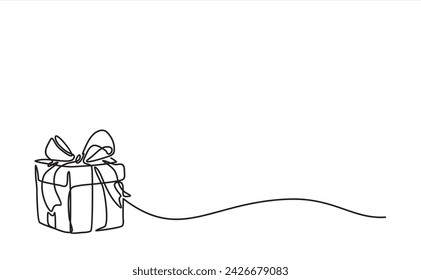 Gift boxes line icon. Continuous one line with curl. Present or Sale sign. Birthday Shopping symbol. Package in Gift Wrap. Surprise package single outline ribbon. Loop curve pattern. Vector
