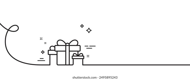 Gift boxes line icon. Continuous one line with curl. Present or Sale sign. Birthday Shopping symbol. Package in Gift Wrap. Holiday presents single outline ribbon. Loop curve pattern. Vector