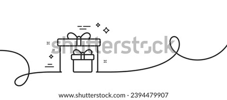 Gift boxes line icon. Continuous one line with curl. Present or Sale sign. Birthday Shopping symbol. Package in Gift Wrap. Delivery boxes single outline ribbon. Loop curve pattern. Vector