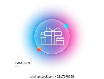 Gift boxes line icon. Gradient blur button with glassmorphism. Present or Sale sign. Birthday Shopping symbol. Package in Gift Wrap. Transparent glass design. Holiday presents line icon. Vector