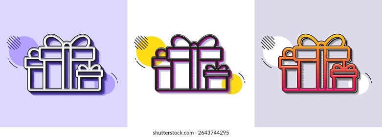 Ícone de linha de caixas de presente. Padrão pontilhado de meio-tom. Ícone de gradiente com sombra de grão. Sinal de Presente ou Venda. Símbolo de compras de aniversário. Pacote em papel de presente. Linha feriado apresenta ícone. Vetor