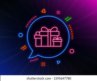 Gift boxes line icon. Neon laser lights. Present or Sale sign. Birthday Shopping symbol. Package in Gift Wrap. Glow laser speech bubble. Neon lights chat bubble. Vector