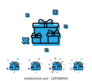 Gift boxes line icon. Present or Sale sign. Birthday Shopping symbol. Package in Gift Wrap. Line icon with geometric elements. Bright colourful design. Vector