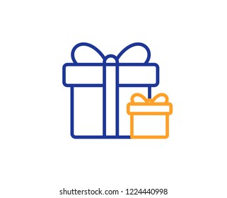 Gift boxes line icon. Present or Sale sign. Birthday Shopping symbol. Package in Gift Wrap. Colorful outline concept. Blue and orange thin line color icon. Surprise package Vector