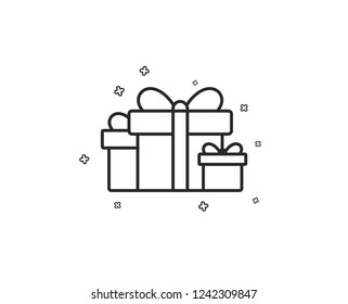 Gift boxes line icon. Present or Sale sign. Birthday Shopping symbol. Package in Gift Wrap. Geometric shapes. Random cross elements. Linear Holiday presents icon design. Vector