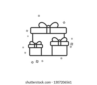 Gift boxes line icon. Present or Sale sign. Birthday Shopping symbol. Package in Gift Wrap. Geometric shapes. Random cross elements. Linear Surprise boxes icon design. Vector