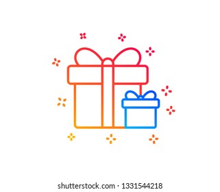 Gift boxes line icon. Present or Sale sign. Birthday Shopping symbol. Package in Gift Wrap. Gradient design elements. Linear surprise package icon. Random shapes. Vector