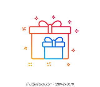 Gift boxes line icon. Present or Sale sign. Birthday Shopping symbol. Package in Gift Wrap. Gradient design elements. Linear delivery boxes icon. Random shapes. Vector
