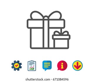 Gift boxes line icon. Present or Sale sign. Birthday Shopping symbol. Package in Gift Wrap. Report, Service and Information line signs. Download, Speech bubble icons. Editable stroke. Vector