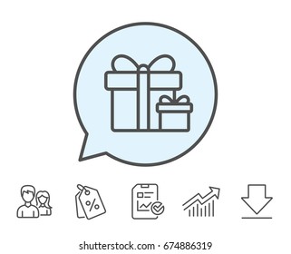 Gift boxes line icon. Present or Sale sign. Birthday Shopping symbol. Package in Gift Wrap. Report, Sale Coupons and Chart line signs. Download, Group icons. Editable stroke. Vector
