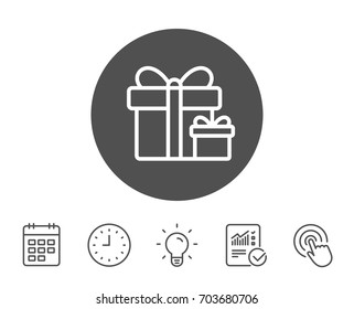 Gift boxes line icon. Present or Sale sign. Birthday Shopping symbol. Package in Gift Wrap. Report, Clock and Calendar line signs. Light bulb and Click icons. Editable stroke. Vector