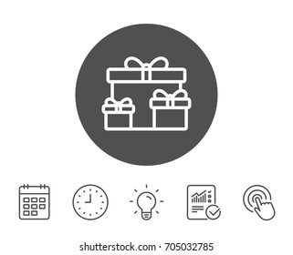 Gift boxes line icon. Present or Sale sign. Birthday Shopping symbol. Package in Gift Wrap. Report, Clock and Calendar line signs. Light bulb and Click icons. Editable stroke. Vector