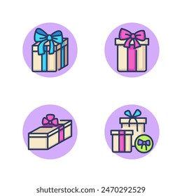 Gift boxes line icon set. Box with gift ribbon, present wrapping, holiday presents, present bow. Girts wrapping and decoration concept. Vector illustration for web design and apps