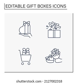 Juego de iconos de línea de cajas de regalo. Casilla de confeti de explosión sorpresa, regalo romántico. Concepto de celebración. Ilustraciones vectoriales aisladas. Trazo editable