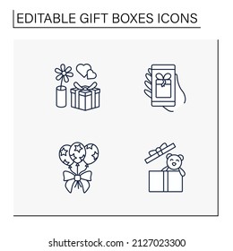 Gift boxes line icons set. Toy , flower in case, surprise for business service in mobile phone, balloons. Celebration concept. Isolated vector illustrations. Editable stroke