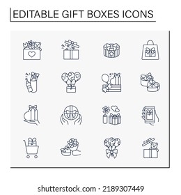 Gift boxes line icons set. Funny present cases for special occasions. Perfect surprise. Celebration concept. Isolated vector illustrations. Editable stroke