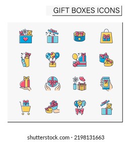 Gift Boxes Line Icons Set. Funny Present Cases For Special Occasions. Perfect Surprise. Celebration Concept. Isolated Vector Illustrations. Editable Stroke