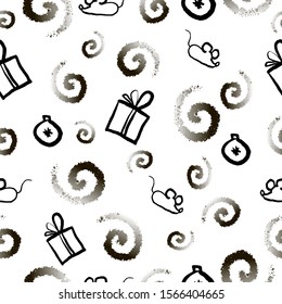 Gift boxes, mouse and confetti seamless pattern. Hand drawn vector stock decorative gift paper for Merry Christmas and Happy New Year. Outline. Silhouette of rat, present. Isolated on white background