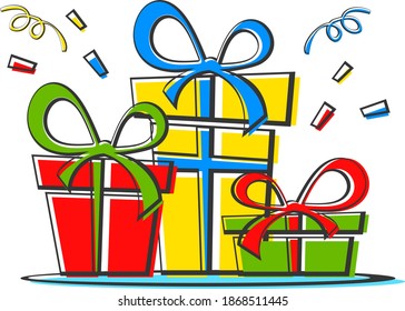 Cajas de regalo multicolores sobre un fondo blanco. Navidad, cumpleaños