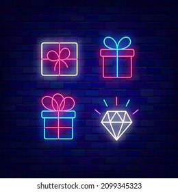 Gift boxes neon icon collection. Shiny diamond. Present and surprise concept. Outer glowing effect banner. Holiday celebration design on brick wall. Luminous sign pack. Vector stock illustration