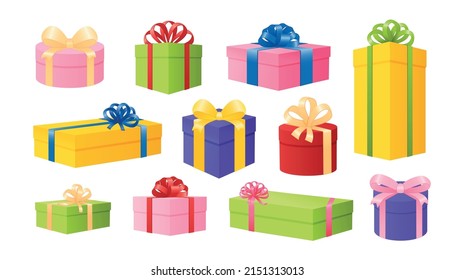 Gift boxes. New paper decorative present wrap. Vector package with holiday shiny objects