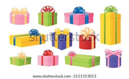 Gift boxes. New paper decorative present wrap. Vector package with holiday shiny objects