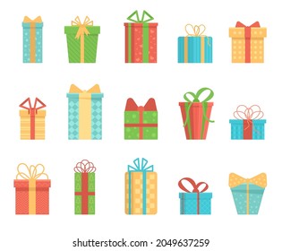 Gift boxes for New Year, Christmas, Birthday, Valentine's Day or anniversary. Flat set of beautiful gifts. Vector illustration.