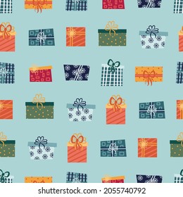 Cajas de regalo. Diseño de Año Nuevo de tela, embalaje, papel regalo. Patrón sin foco.