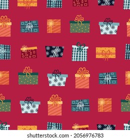 Gift boxes. New Years design of fabric, packaging, gift paper. Seamless pattern.