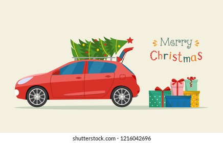 Gift boxes next to the trunk of the car. Merry christmas stylized typography.   Vector flat style illustration