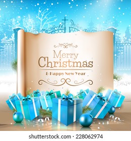 Gift boxes and old paper in front of winter landscape - Christmas greeting card