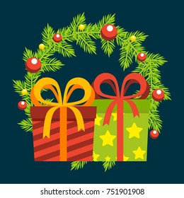 Gift boxes on the background of a Christmas wreath
