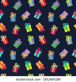 Gift boxes on a black background. Seamless fabric. Celebration. Vector illustration.