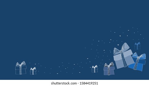Gift boxes on blue background pencil drawing. Holiday, Christmas, New year. Postcard, flyer, banner with copy space for your text. Simple flat vector illustration.