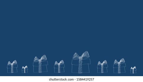 Gift boxes on blue background pencil drawing. Holiday, Christmas, New year. Postcard, flyer, banner with copy space for your text. Simple flat vector illustration.