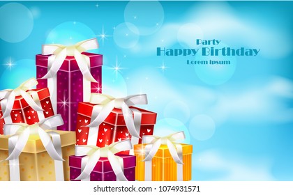 Gift boxes on blue sky background. Vector realistic 3d illustration