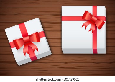Gift boxes on brown wooden table. Top view. Winter Holiday xmas background and backdrop. Fairy style. Vector Illustration.