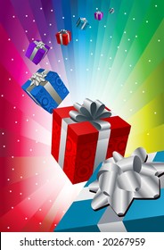 Gift boxes on colorful background. Abstract vector composition.