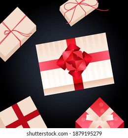 Gift Boxes on Dark Background with Kinds of Presents. Modern Flat Vector Concept Illustrations. Social Media Ads. Poster Concept. Web Banner.