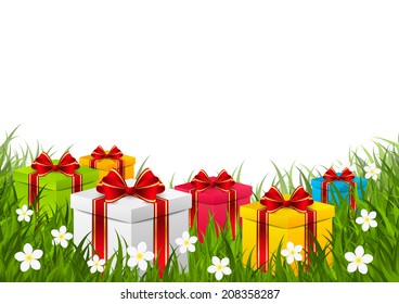 Gift boxes on green grass