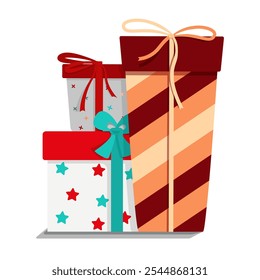 Cajas de regalo en un fondo blanco aislado. Cajas de regalo para cumpleaños, aniversario, eventos de vacaciones. Las cajas de diferentes tamaños están decoradas con Elementos decorativos y arcos. Ilustración vectorial.