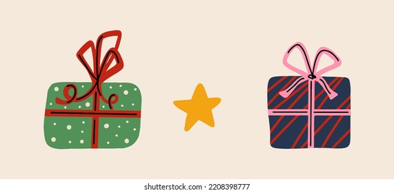 Gift boxes on a light background. Flat design, cartoon. Celebration, Christmas gift under the tree, New Year, Birthday.